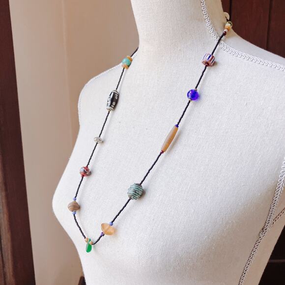 Vintage Artisan Beaded Necklace Mixed Glass Wood Ceramic Boho Trade Bead Jewelry - Picture 4 of 16